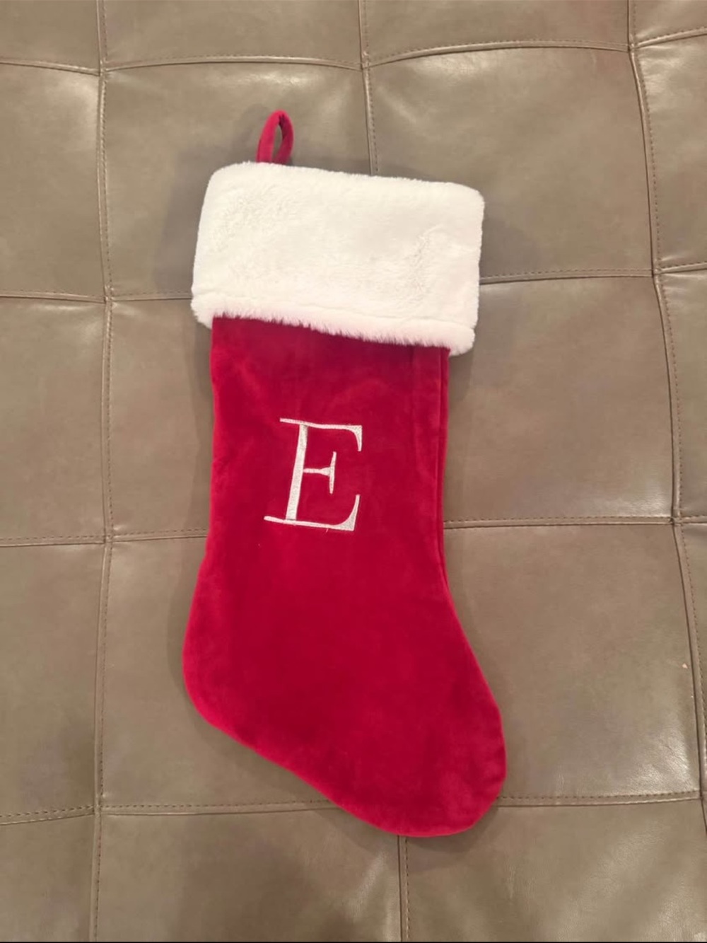 Red Christmas Stocking with White Cuff - Monogram E
